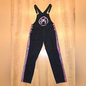 Sweet Look Overalls, Black Pants, Custom Painted Spiderman Design, Art Pants